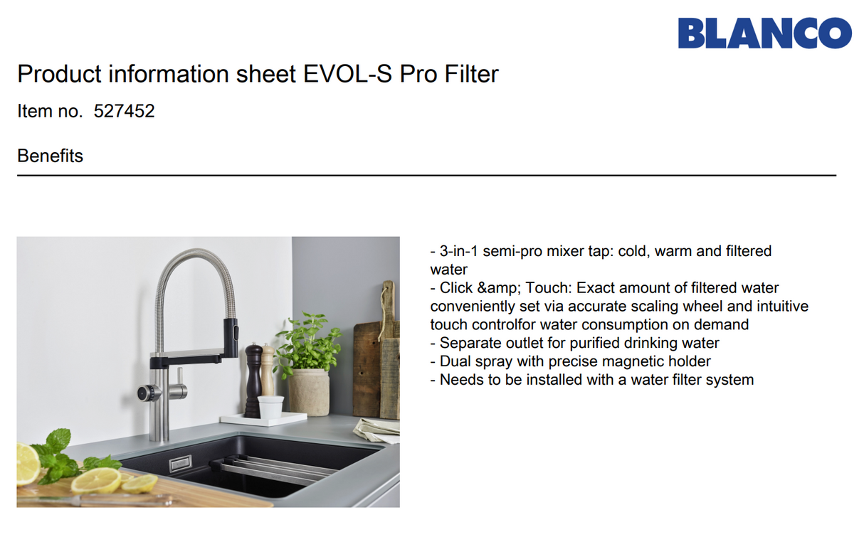 Blanco EVOL-S 527452 Pro Filter Semi-Pro Filter Mixer Tap, PVD Steel