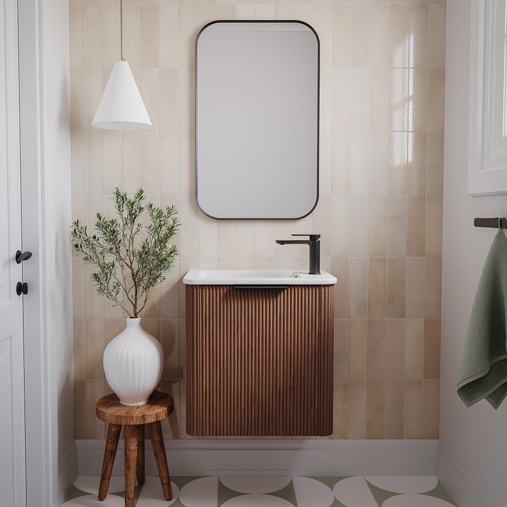 Fienza 55UWAL Minka Mini 550 Wall-Hung Vanity, Left Hand Tap, Walnut