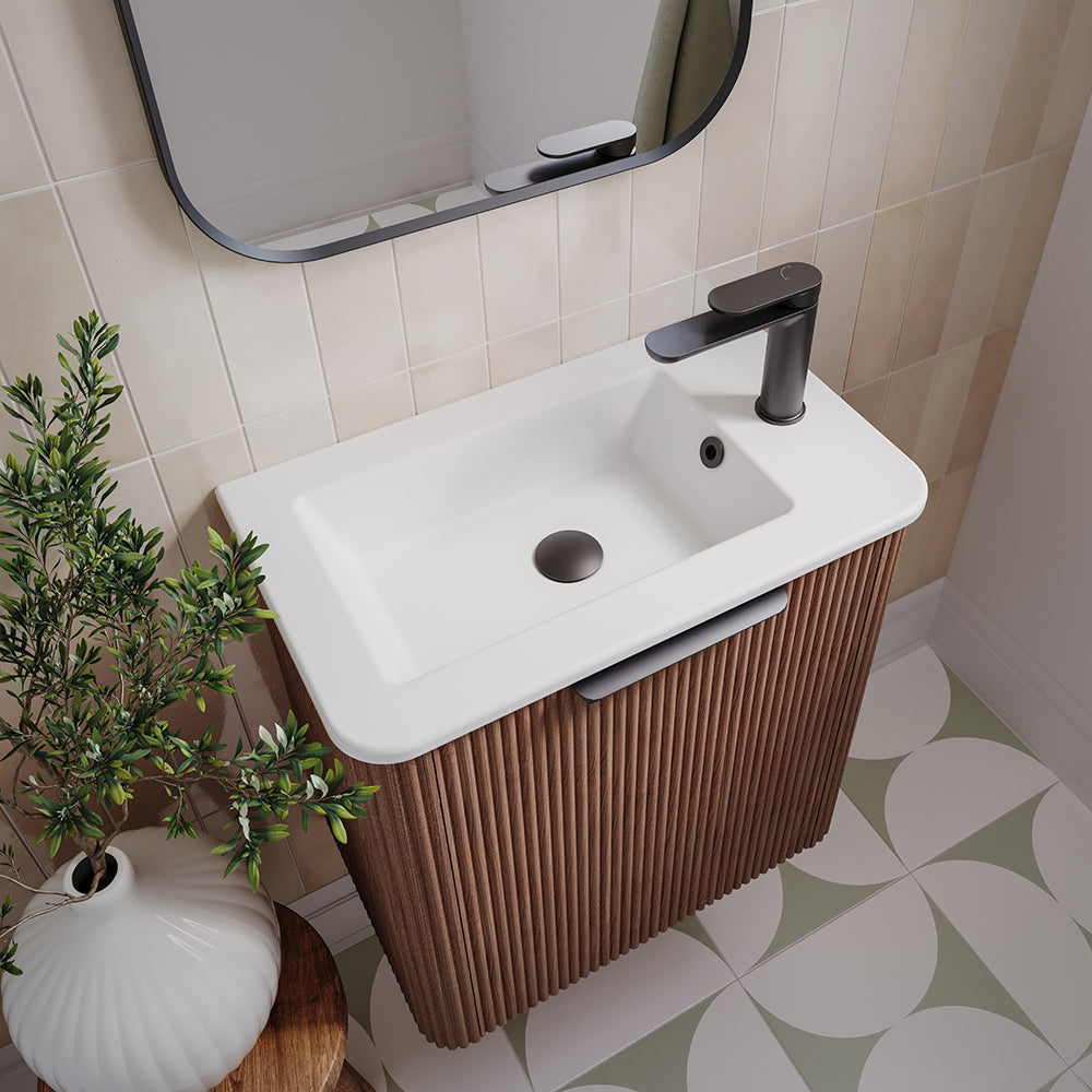 Fienza 55UWAL Minka Mini 550 Wall-Hung Vanity, Left Hand Tap, Walnut