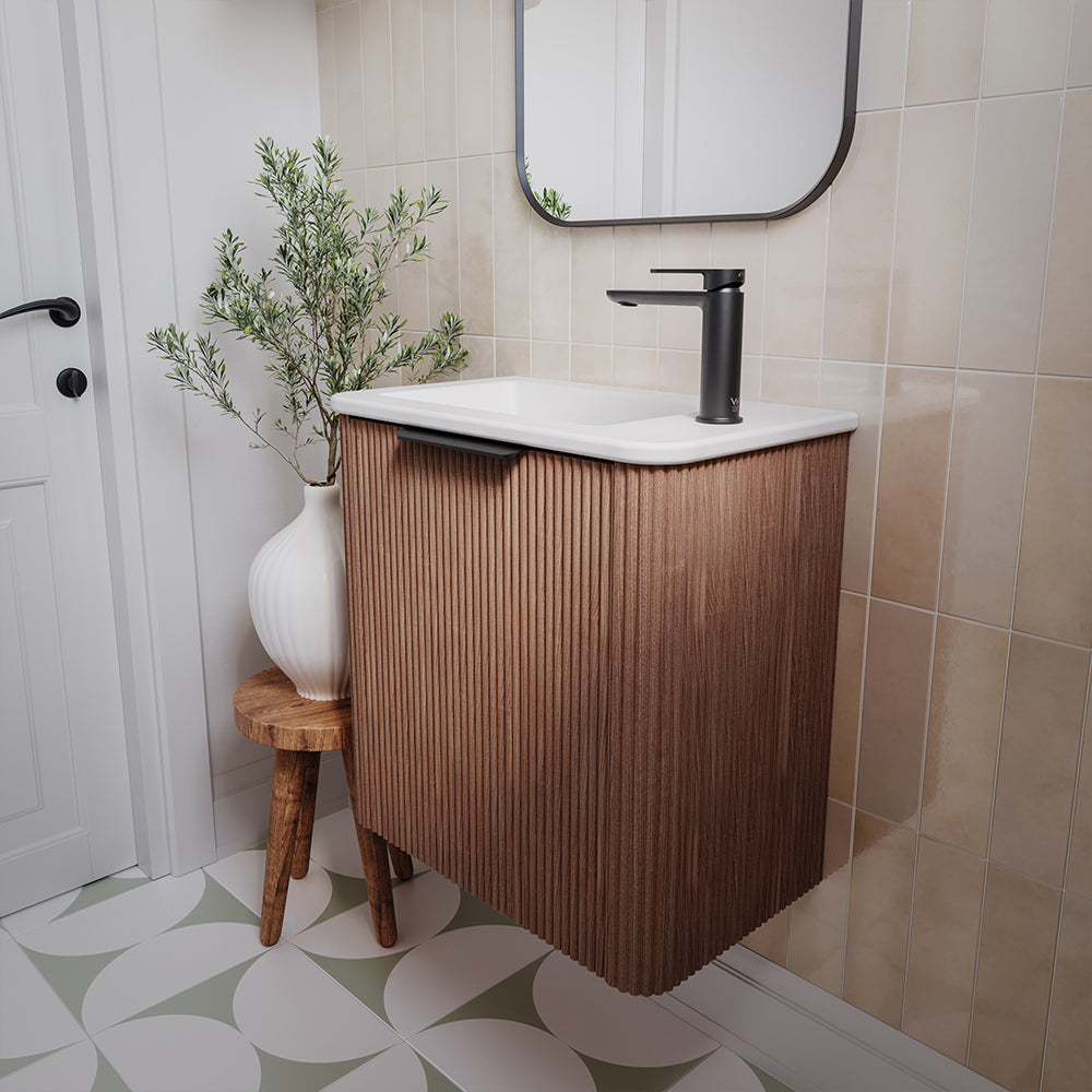 Fienza 55UWAL Minka Mini 550 Wall-Hung Vanity, Left Hand Tap, Walnut