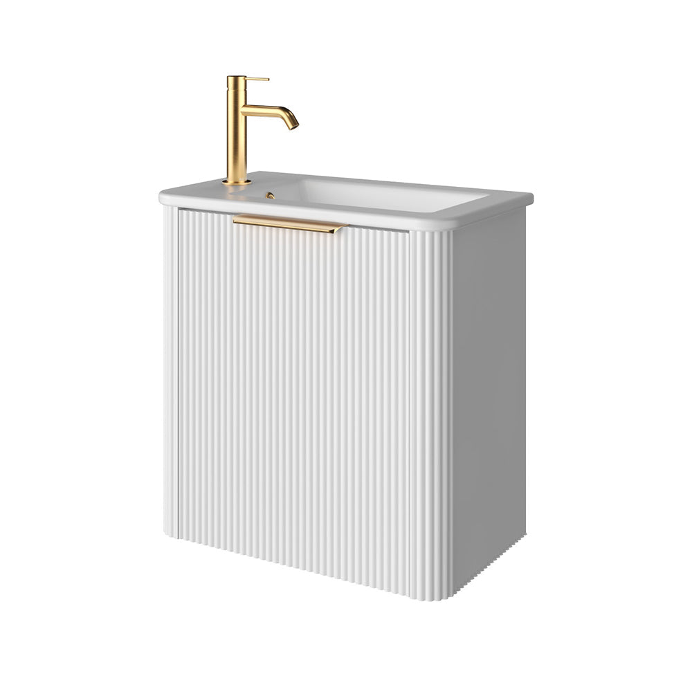 Fienza 55UWL Minka Mini 550 Wall-Hung Vanity, Left Hand Tap, Satin White