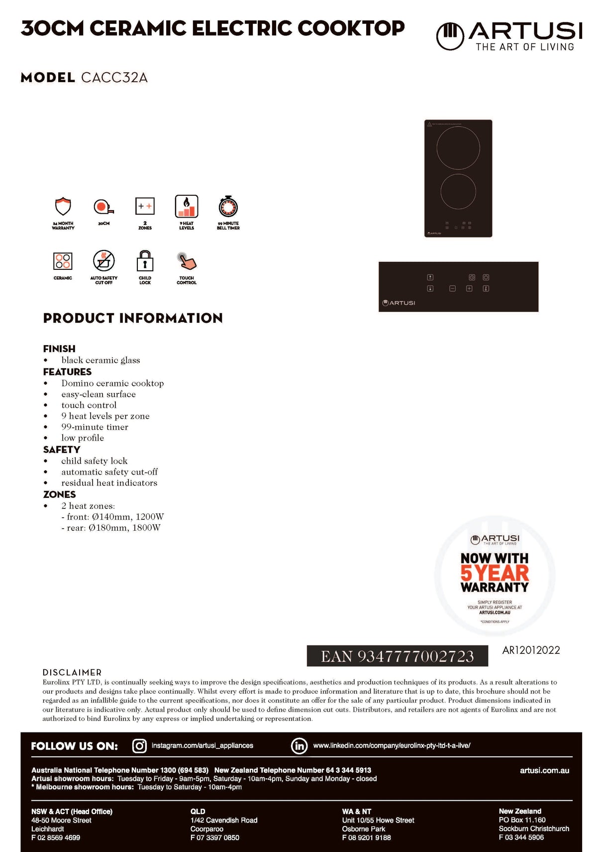 Artusi CACC32A 30cm 2 Zone Ceramic Electric Touch Control Cooktop, Black