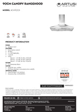 Artusi ACH900X 90cm Canopy Rangehood, Stainless Steel