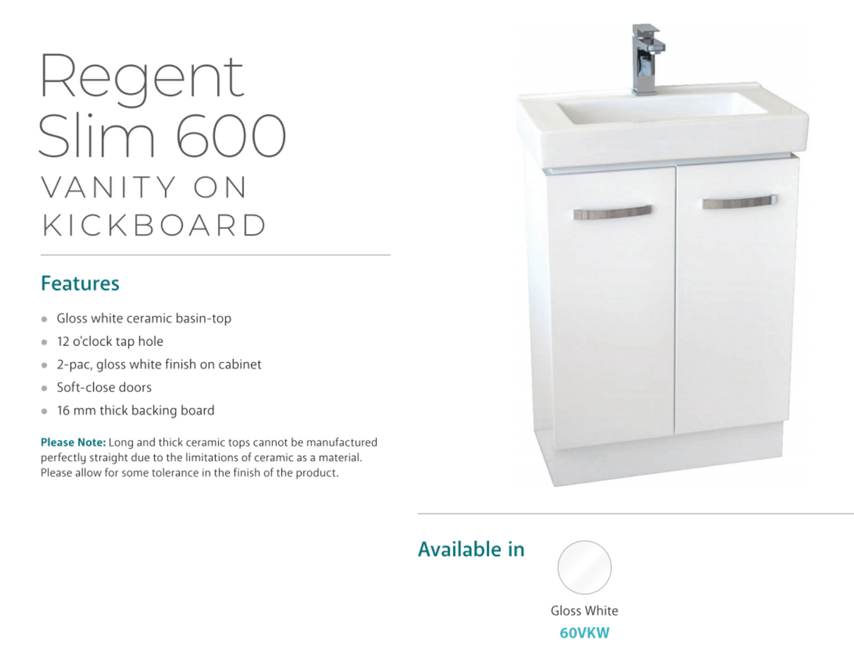 Fienza Regent 60Vkw Slim 600Mm White Vanity Unit - Special Order Units
