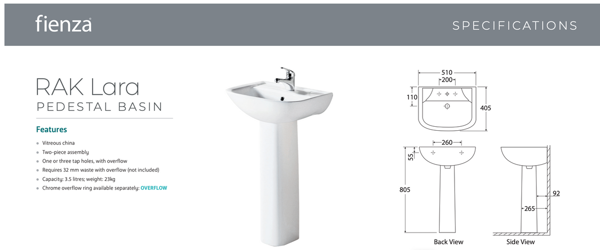 Fienza 610133W RAK Lara Pedestal Basin, 3 Tap Hole, White