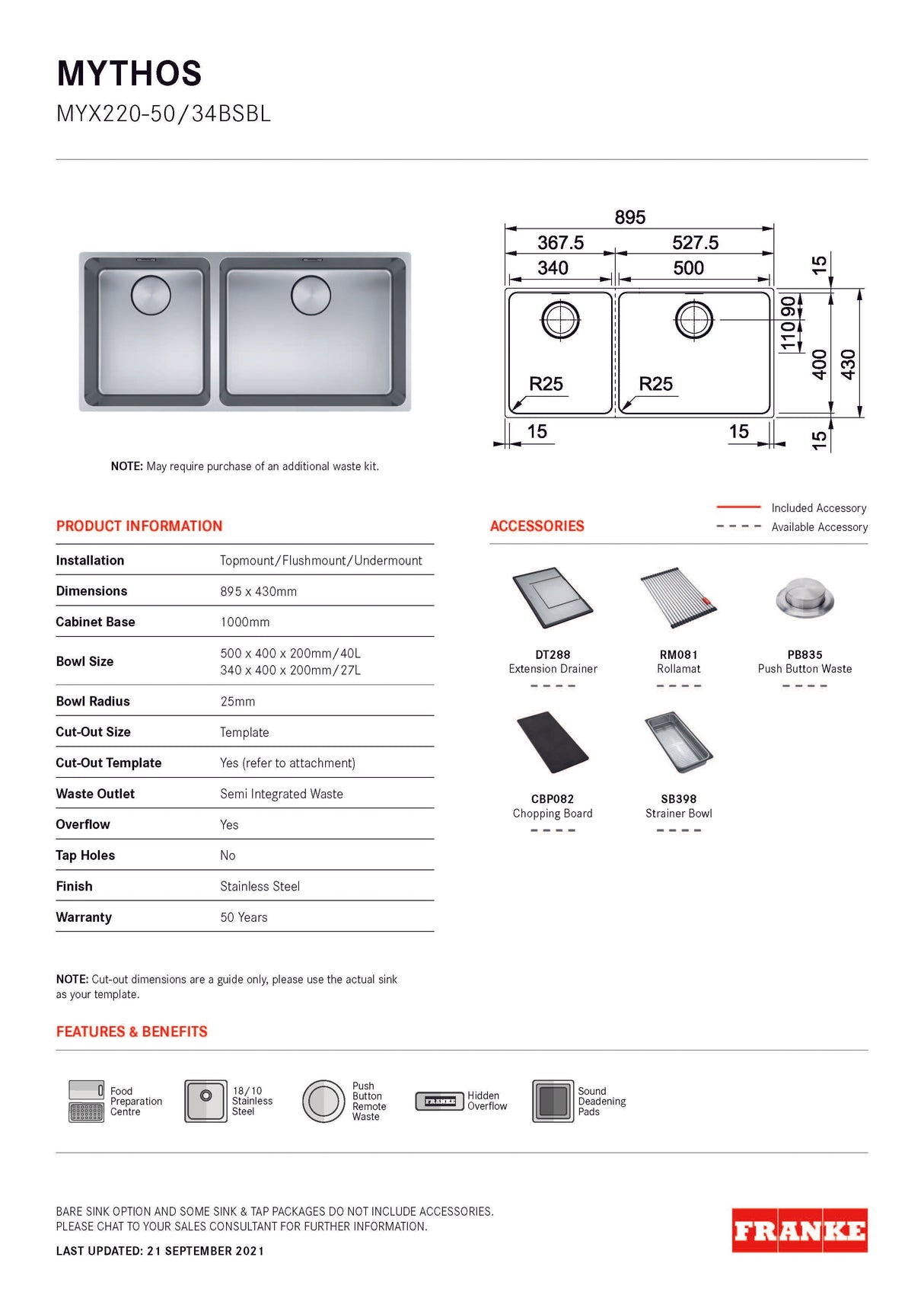 Franke Mythos Double Bowl 895mm (Top Mount/ Flush Mount/ Undermount), Stainless Steel MYX220-50/34BSBL