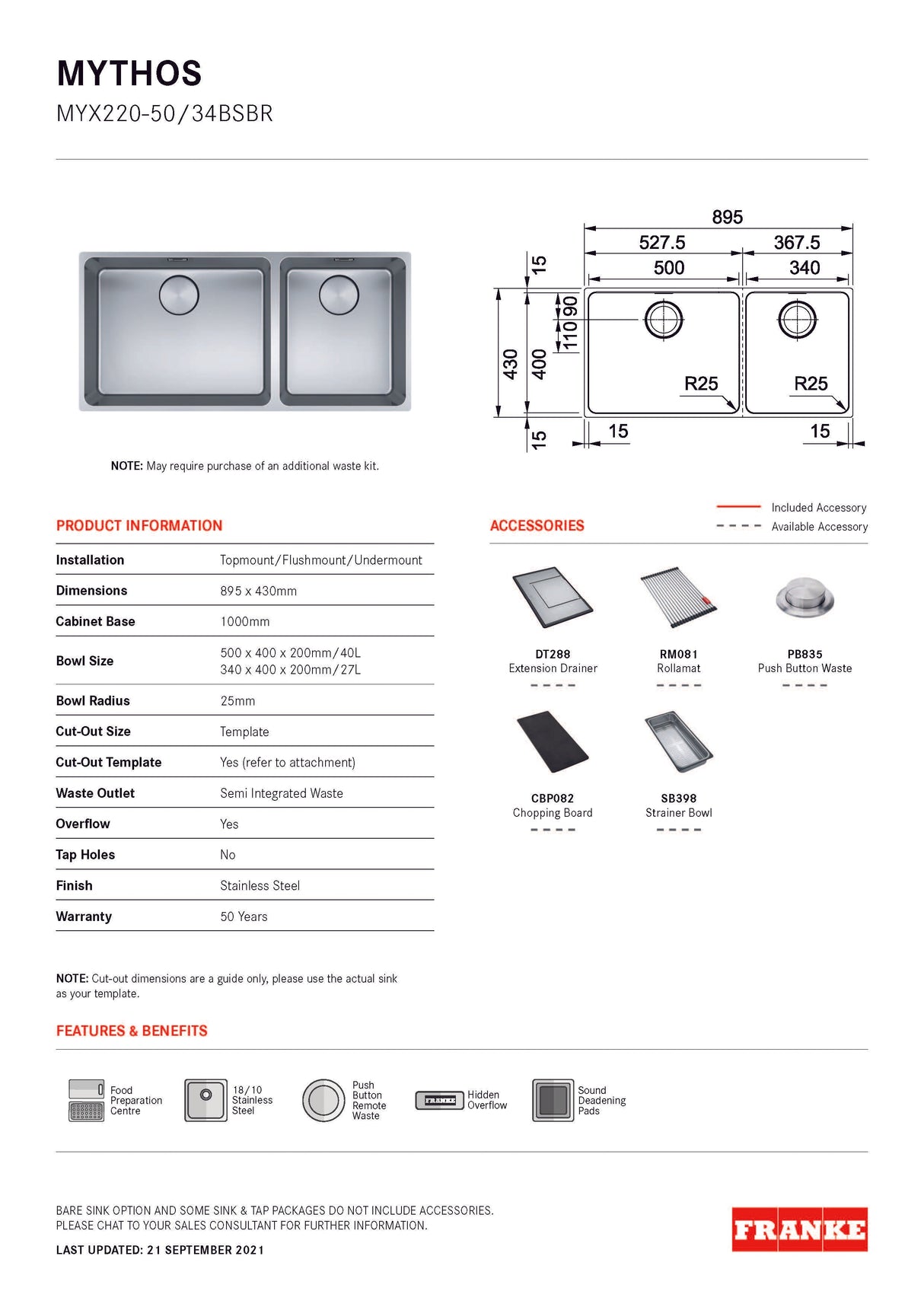 Franke Mythos Double Bowl 895mm (Top Mount/ Flush Mount/ Undermount) Stainless Steel, MYX220-50/34BSBR