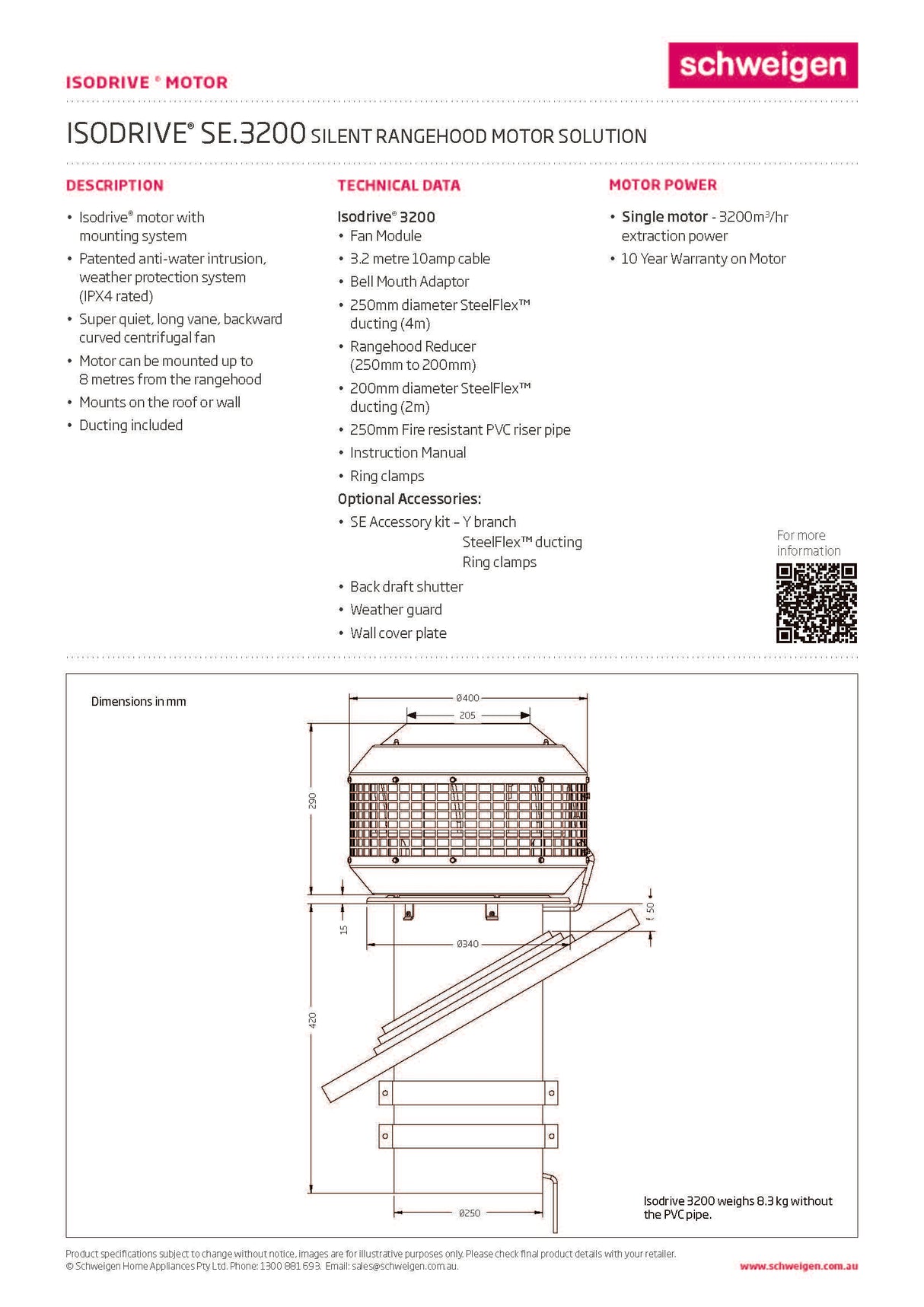 Schweigen CLUM212SE 120cm Non Silent BBQ Undermount Single Motor Rangehood, 3200m3/hr, Stainless Steel