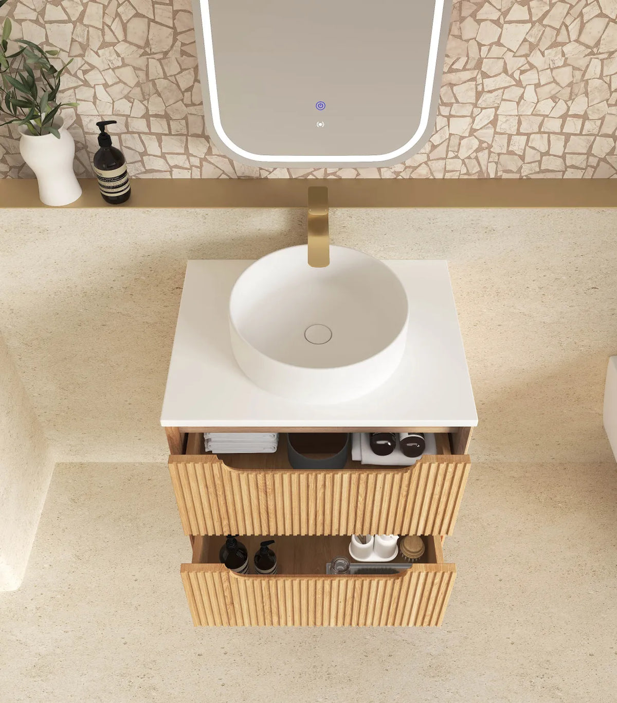 Otti Byron Wall Hung Vanity, Fluted Woodland Oak
