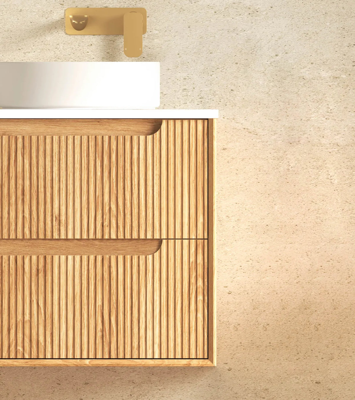 Otti Byron Wall Hung Vanity, Fluted Woodland Oak
