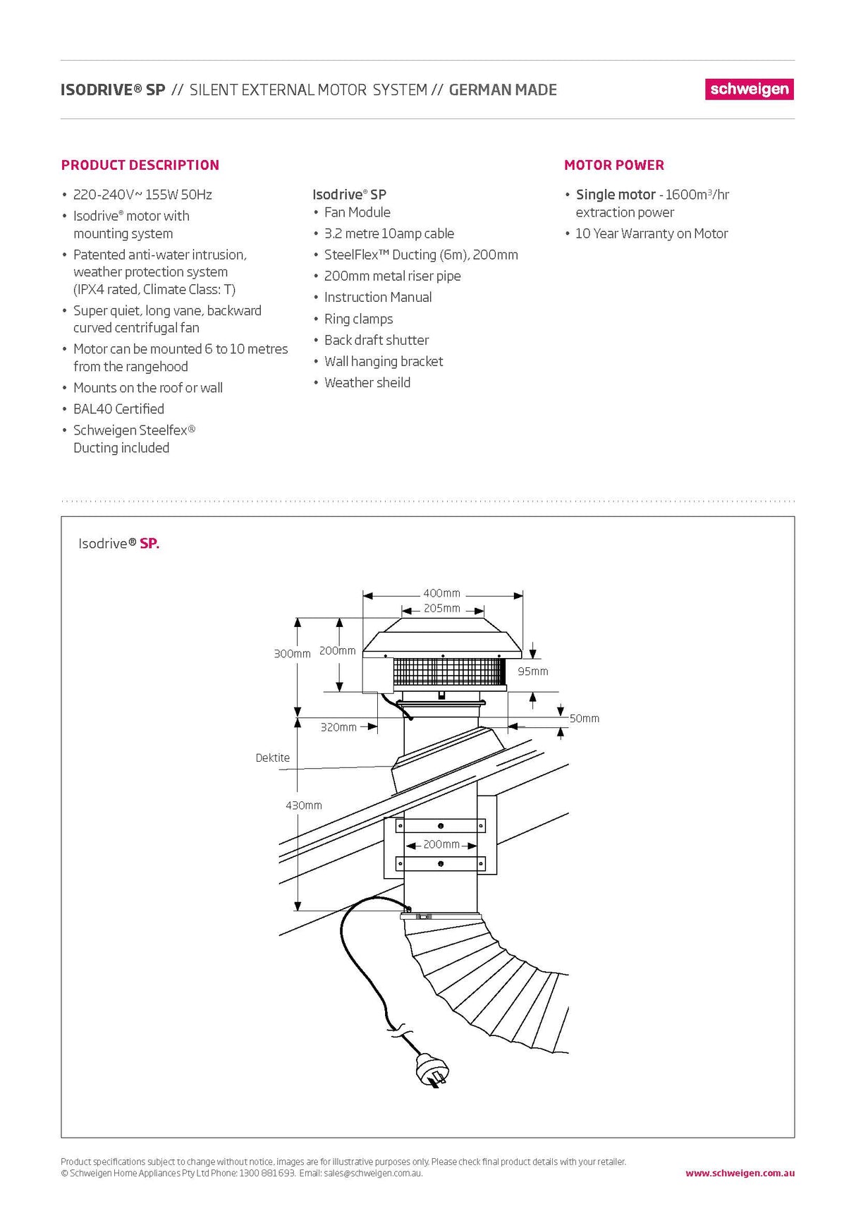 Schweigen UM1170-12SP 120cm Silent Undermount Rangehood, 1600m3/hr, Stainless Steel
