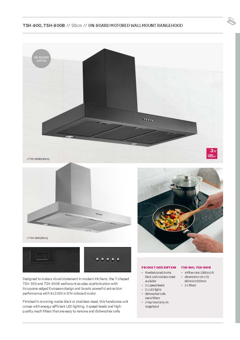 Schweigen TSH-900B 90cm Non Silent Wall Mount Rangehood, 1080m3/hr, Matte Black