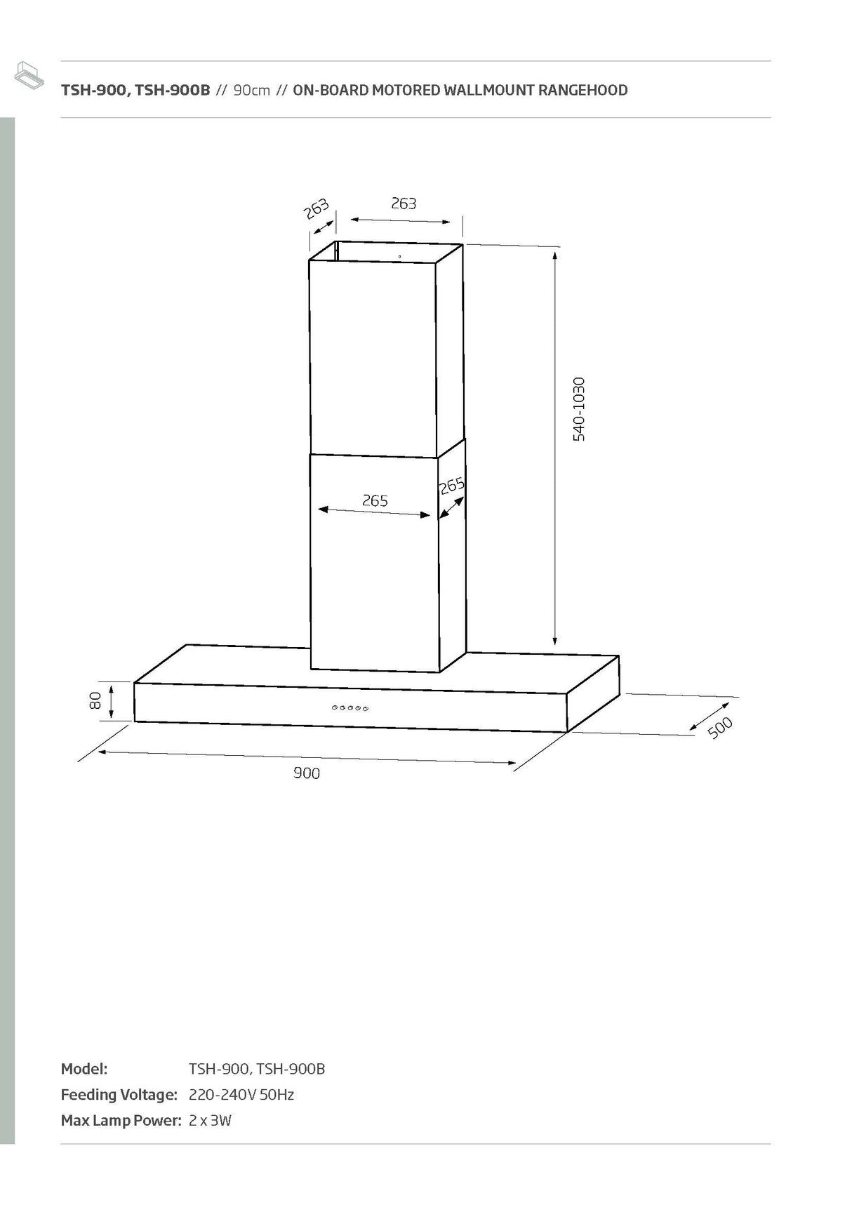 Schweigen TSH-900B 90cm Non Silent Wall Mount Rangehood, 1080m3/hr, Matte Black
