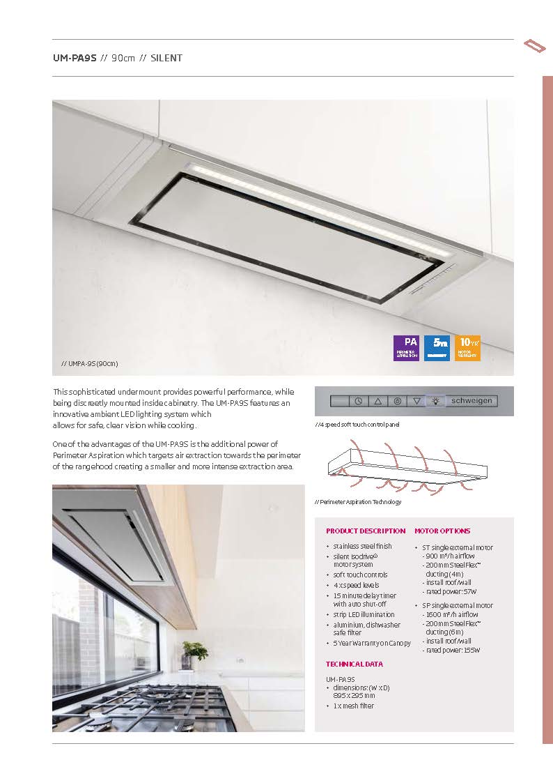 Schweigen UM-PA9SINL 90cm Silent Inline Motor Undermount Rangehood, 1600m3/hr, Stainless Steel