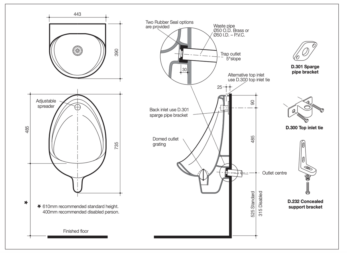 Caroma 666101W Torres Wall Hung Urinal, Top Inlet