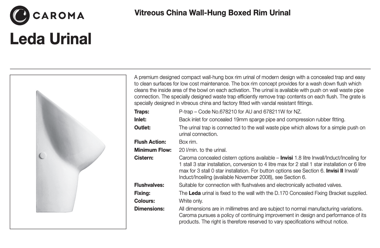 Caroma 678210W Leda Wall Hung Urinal