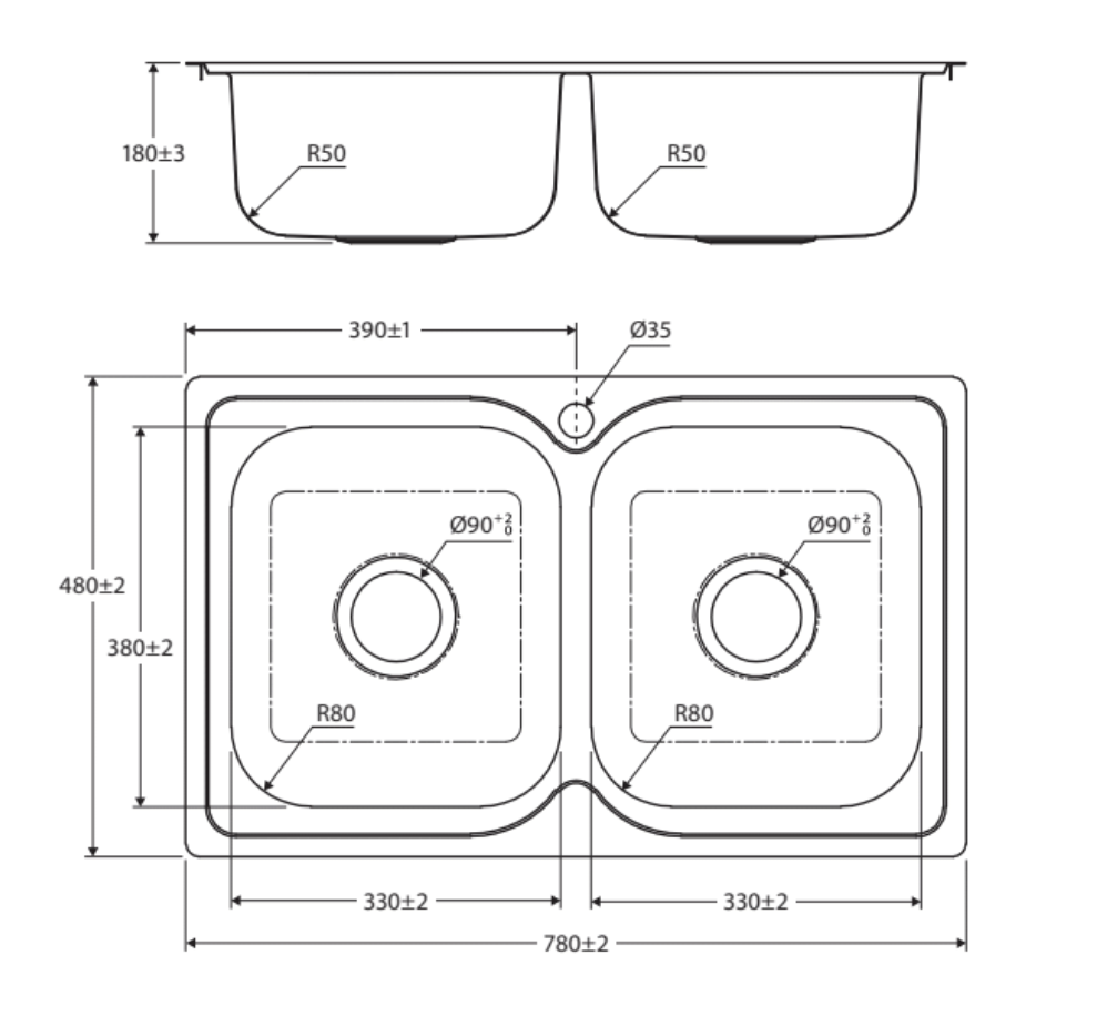Fienza Tiva 780 Double Kitchen Sink No Tap Hole 68108 Top Mounted Sinks