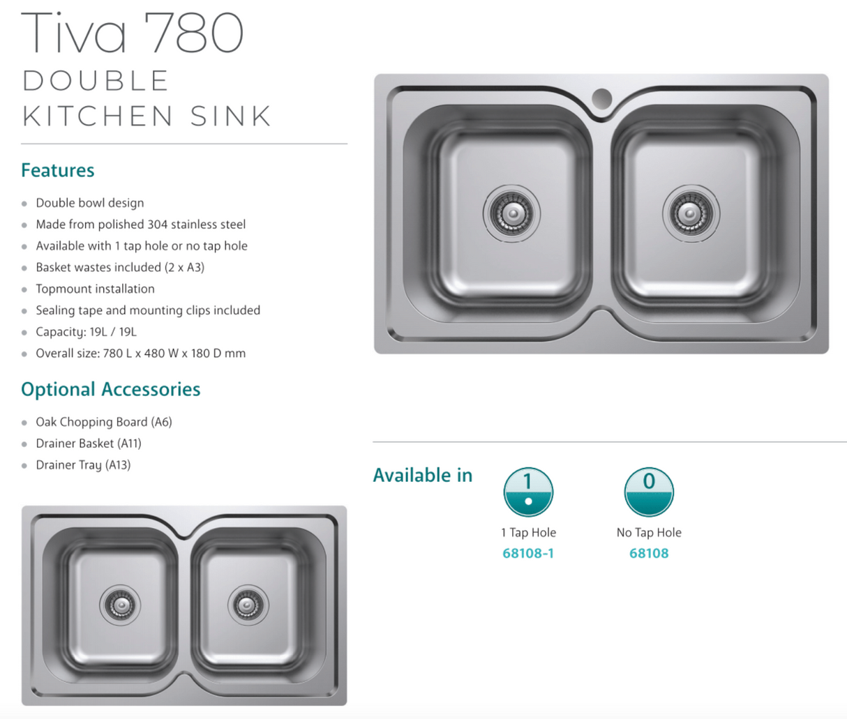 Fienza Tiva 780 Double Kitchen Sink No Tap Hole 68108 Top Mounted Sinks
