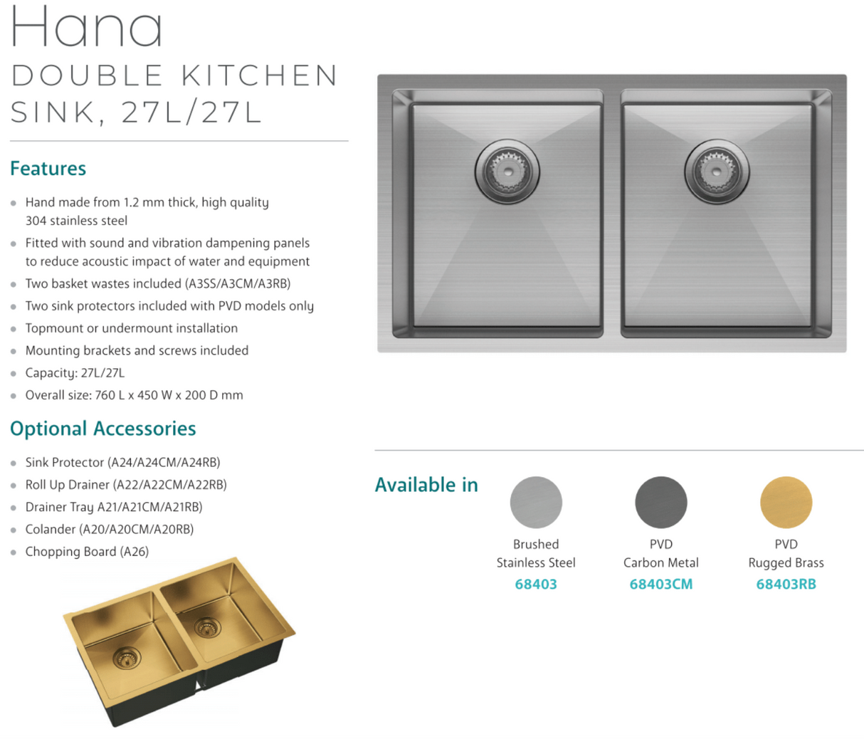 Fienza Double Bowl Kitchen Sink Stainless Steel 68403 - Special Order Top Mounted Sinks