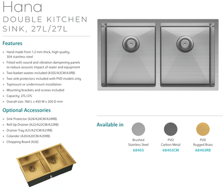 Fienza Double Bowl Kitchen Sink Stainless Steel 68403 - Special Order Top Mounted Sinks