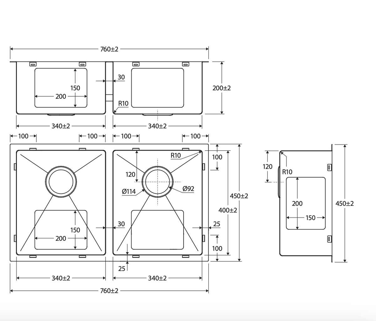 Fienza 68403AS Hana Anti Scratch Double Bowl Sink, 760x450x200mm, Stainless Steel