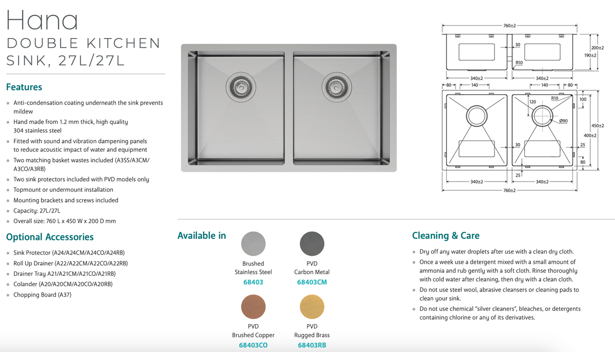 Fienza Hana 68403CO 27L/27L Double Kitchen Sink Kit, Brushed Copper