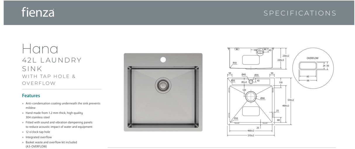 Fienza HANA  42L Square Laundry Sink with Overflow 68502-OF