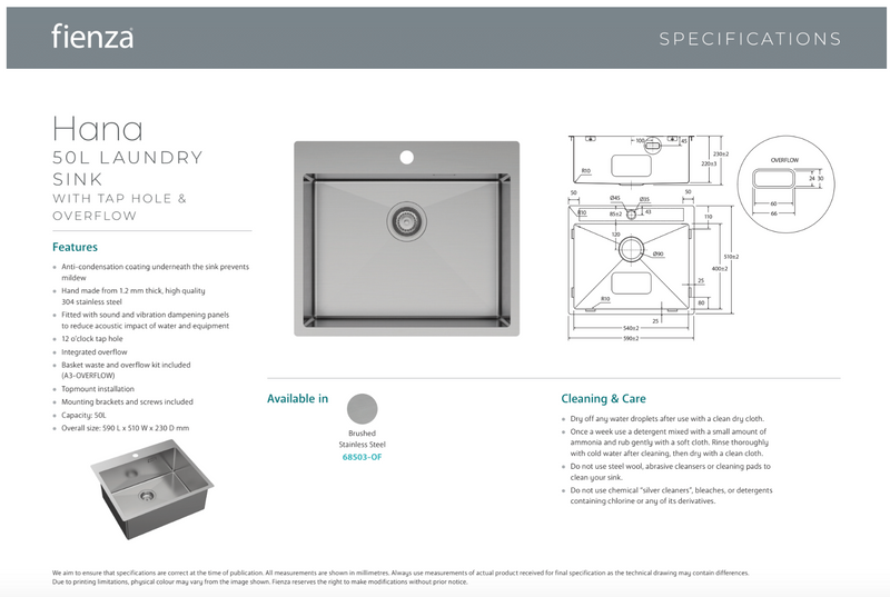 Fienza 68503-OF 50L Square Laundry Sink with Overflow - Special Order