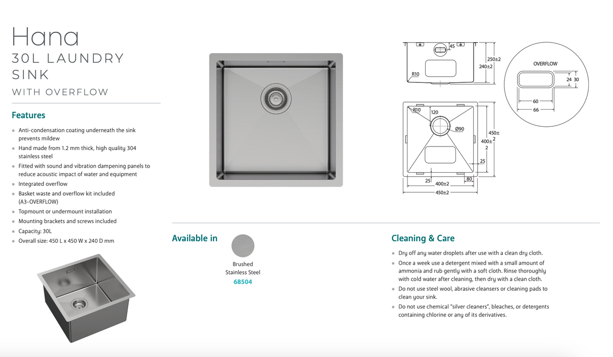 Fienza 68504 Hana 504 30L Stainless Steel Laundry Sink with Overflow