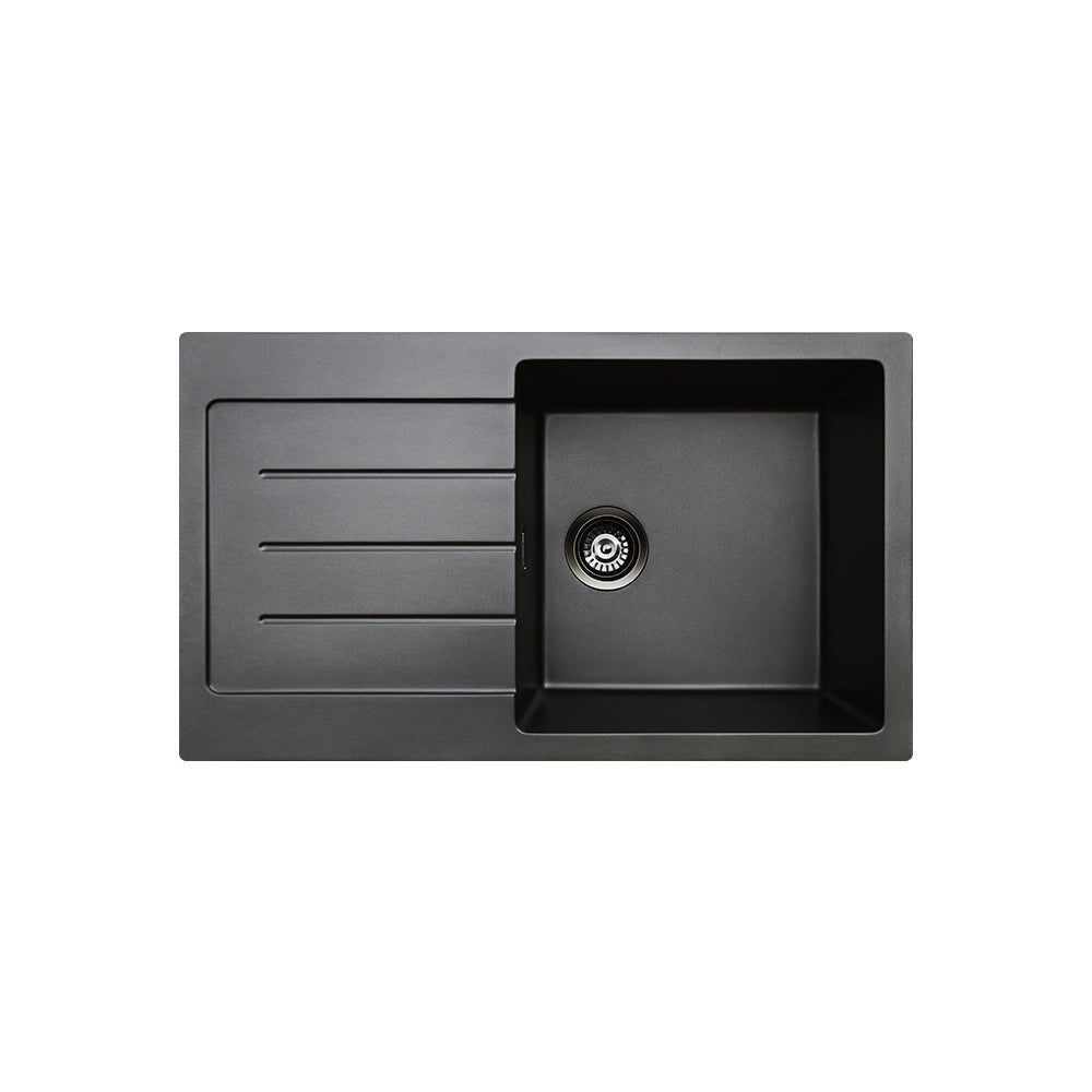 Fienza 68614R-1 Kuro Granite 39L Single Kitchen Sink with Drainer, Right Bowl, Matte Black