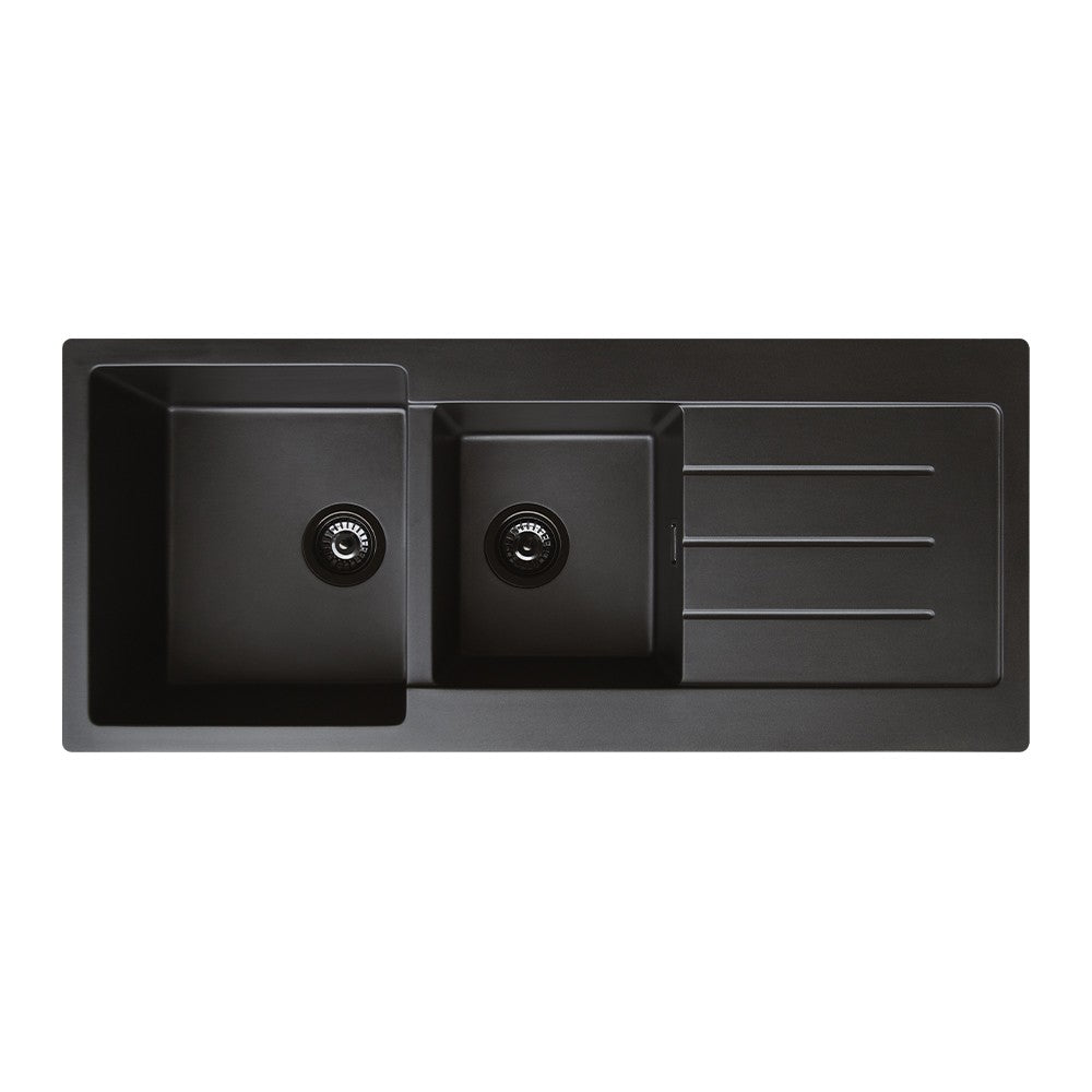 Fienza 68616L-1 Kuro Granite 29L/19L  Double Kitchen Sink with Drainer, Left Bowl, 1 Tap Hole, Matte Black