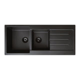 Fienza 68616L-1 Kuro Granite 29L/19L  Double Kitchen Sink with Drainer, Left Bowl, 1 Tap Hole, Matte Black