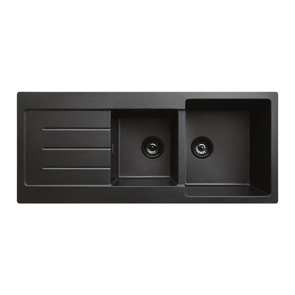 Fienza 68616L-2 Kuro Granite 29L/19L Double Kitchen Sink with Drainer, Left Bowl, 2 Tap Holes, Matte Black