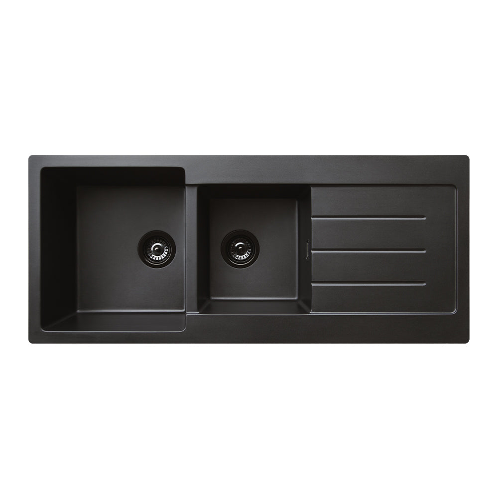 Fienza 68616 Kuro Granite 29L/19L Double Kitchen Sink with Drainer, Matte Black, No Tap Hole
