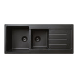 Fienza 68616 Kuro Granite 29L/19L Double Kitchen Sink with Drainer, Matte Black, No Tap Hole