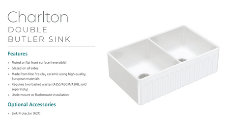 Fienza Winston 68702 Double Butler Sink White 838X483X254Mm - Special Order Kitchen Sinks