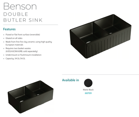 Fienza 68709 Benson Double Butler Sink Matte Black - Special Order Kitchen Sinks