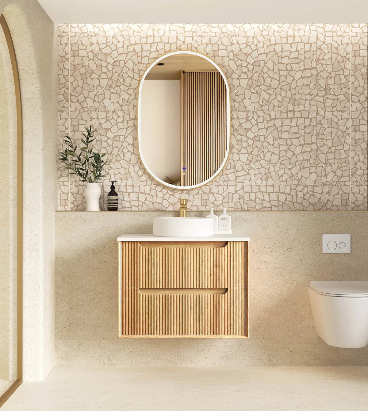 Otti Byron Wall Hung Vanity, Fluted Woodland Oak