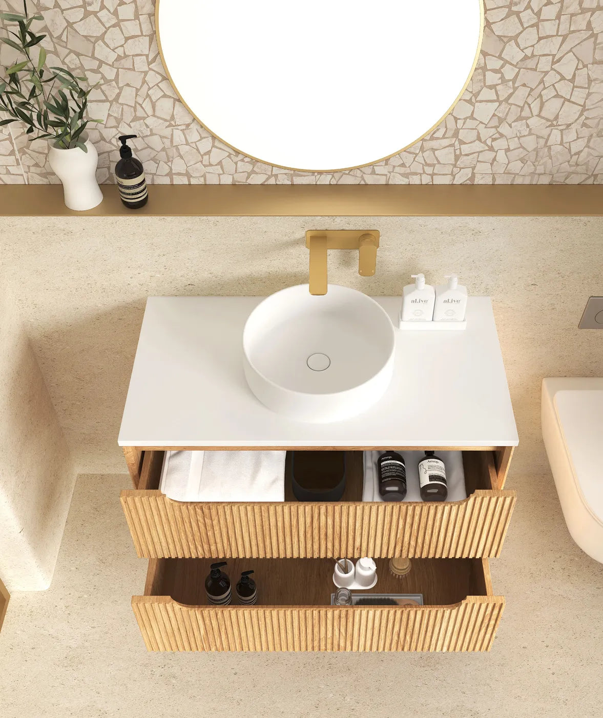 Otti Byron Wall Hung Vanity, Fluted Woodland Oak