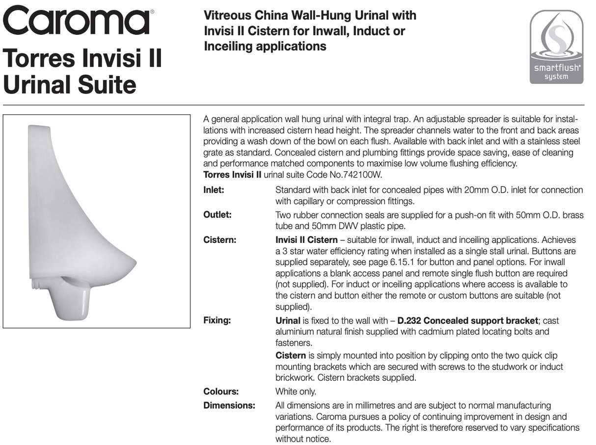 Caroma 742100W Torres Invisi Series II Urinal Suite
