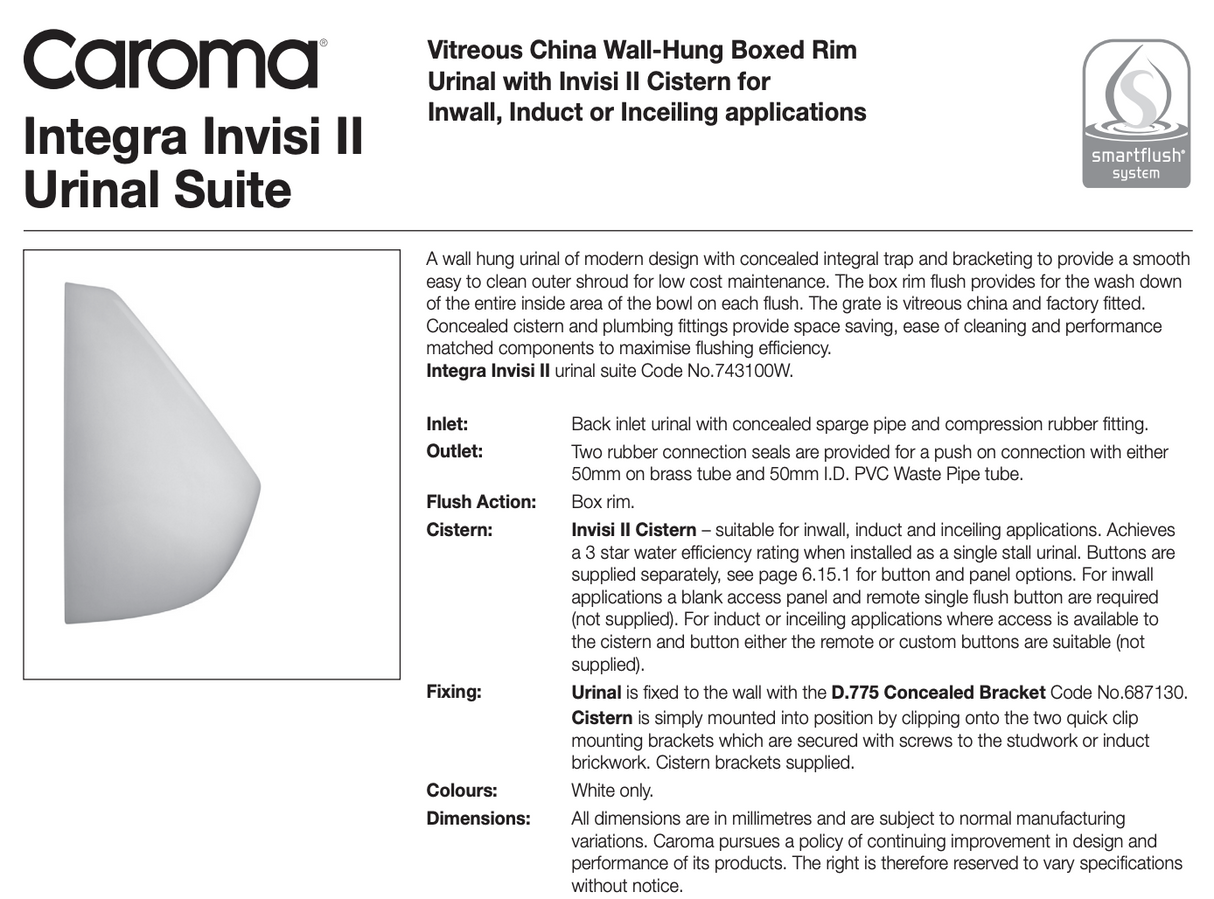 Caroma 743100W Integra Invisi II Urinal Suite