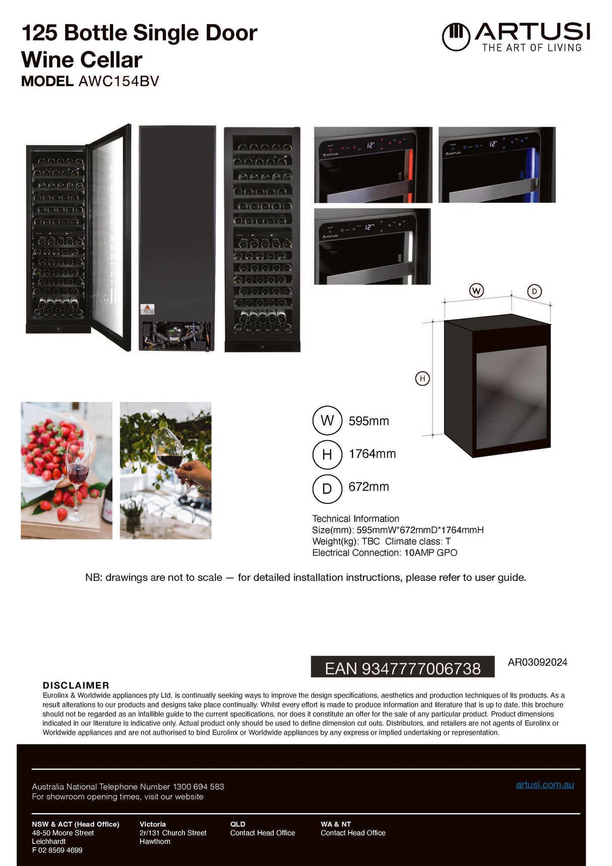 Artusi AWC154BV Dual Zone Wine Cooler, 125 Bottle, Reversible Door, Matte Black