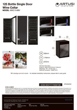 Artusi AWC154BV Dual Zone Wine Cooler, 125 Bottle, Reversible Door, Matte Black