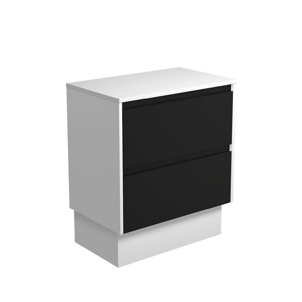 Fienza 75BBWK Amato 750 On Kickboard Cabinet, Satin White Panels, Satin Black, Cabinet Only - Special Order