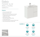 Fienza Siska 75Dfl Slim 750Mm Satin White Wall Hung Vanity Unit Left Drawers - Special Order Units