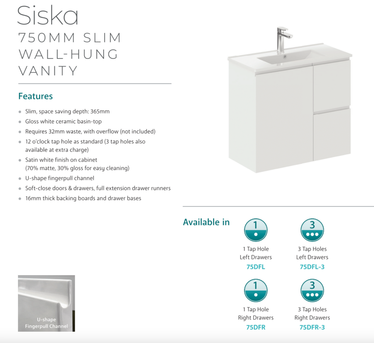 Fienza Siska 75Dfr Slim 750Mm Satin White Wall Hung Vanity Unit Right Drawers - Special Order Units