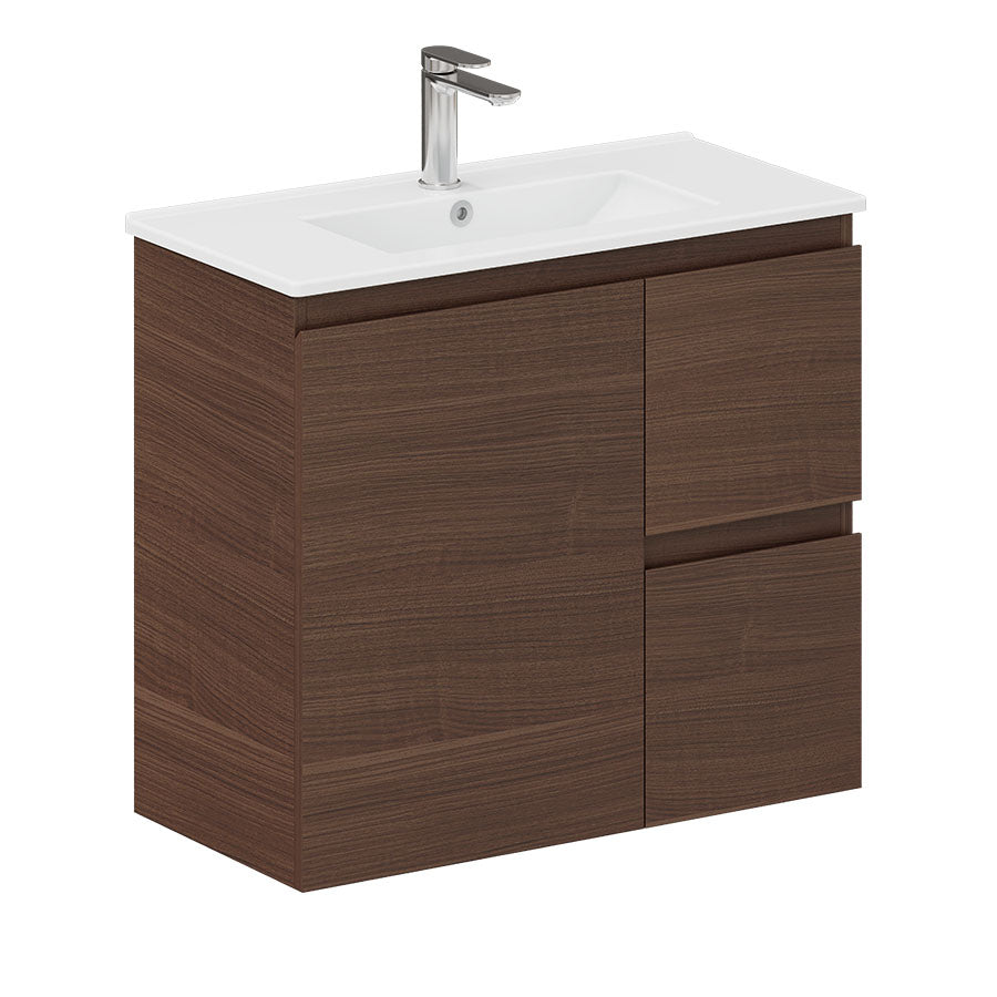 Fienza Siska 75DFWAR Slim 750mm Wall Hung Vanity Unit, Right Drawers, Walnut
