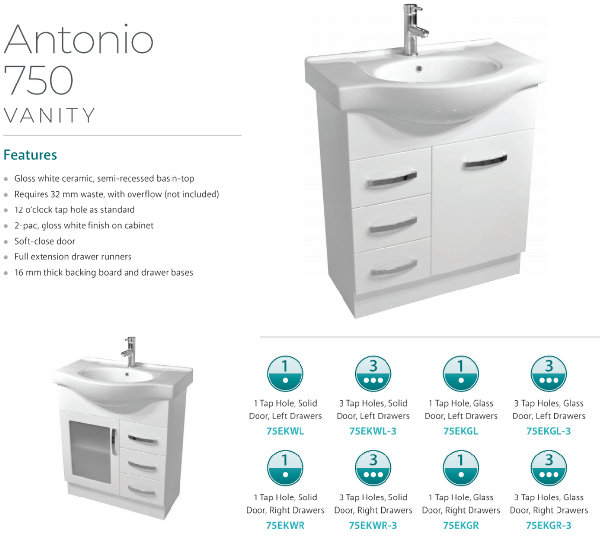 Fienza Antonio 75Ekwr 750Mm White Vanity Unit - Special Order Units