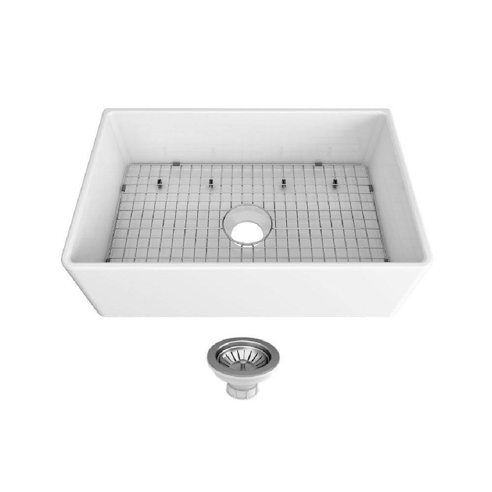 Seima 192514 Odessa 761 Ceramic Butler Sink, Single Bowl, 760x485mm Apron Front, White Gloss with Gunmetal Basket Waste & Grid