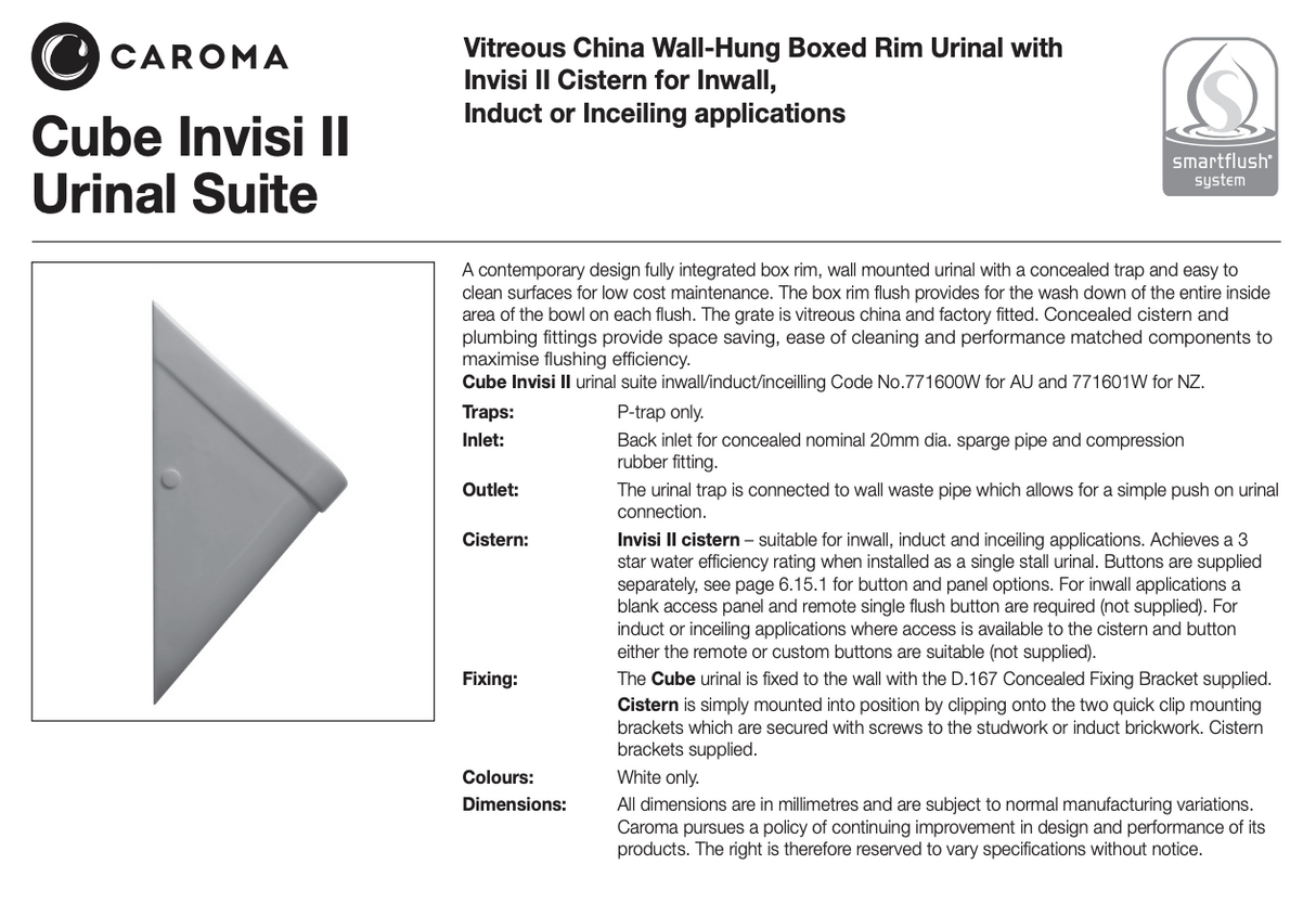 Caroma 771600W Cube Invisi Series II® Urinal Suite